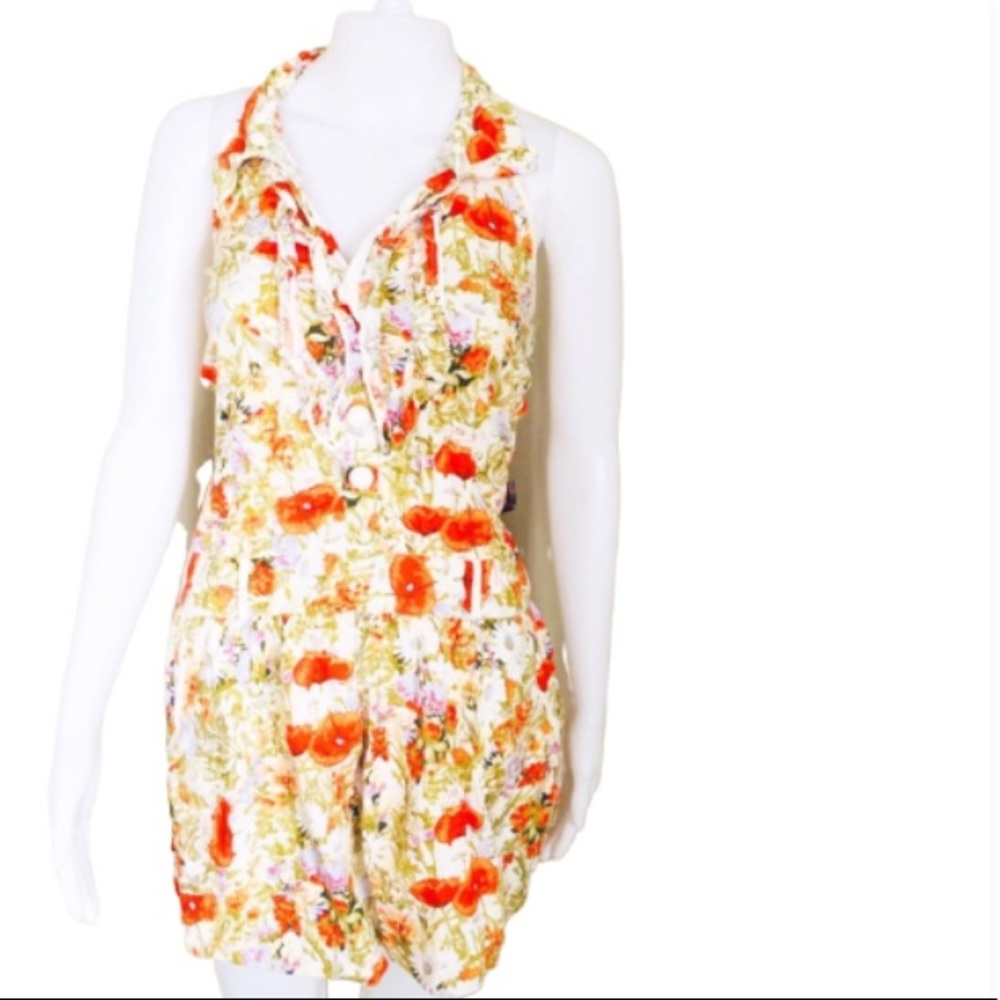 Yellow Orange Floral Halter Ruffle Mini Dress Summer Sundress Small